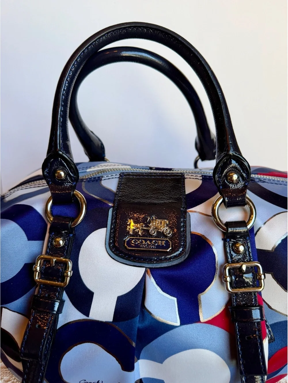 Coach 21233 Kristin Op Art Satin Satchel Crossbody Bag Blue Red Patent Leather